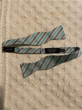Men's Collared Greens Self-Tie Bow Tie in Green and Gray Stripe